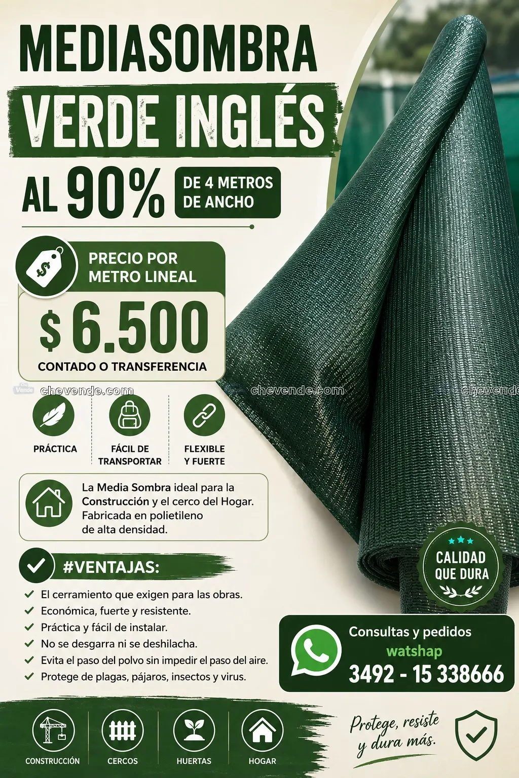 Mediasombra Verde Inglés 90% 4 metros